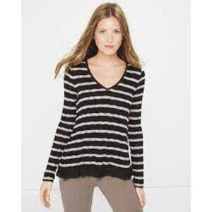 White House Black Market Lace Hem Black Ecru Striped V-Neck Knit Top Size SM NWT